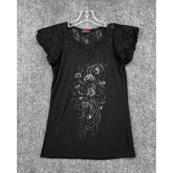 Spiral Y2K Goth Black Women’s Medium Lace Layered Cap Sleeve Rose Whimsigoth - Picture 1 of 12